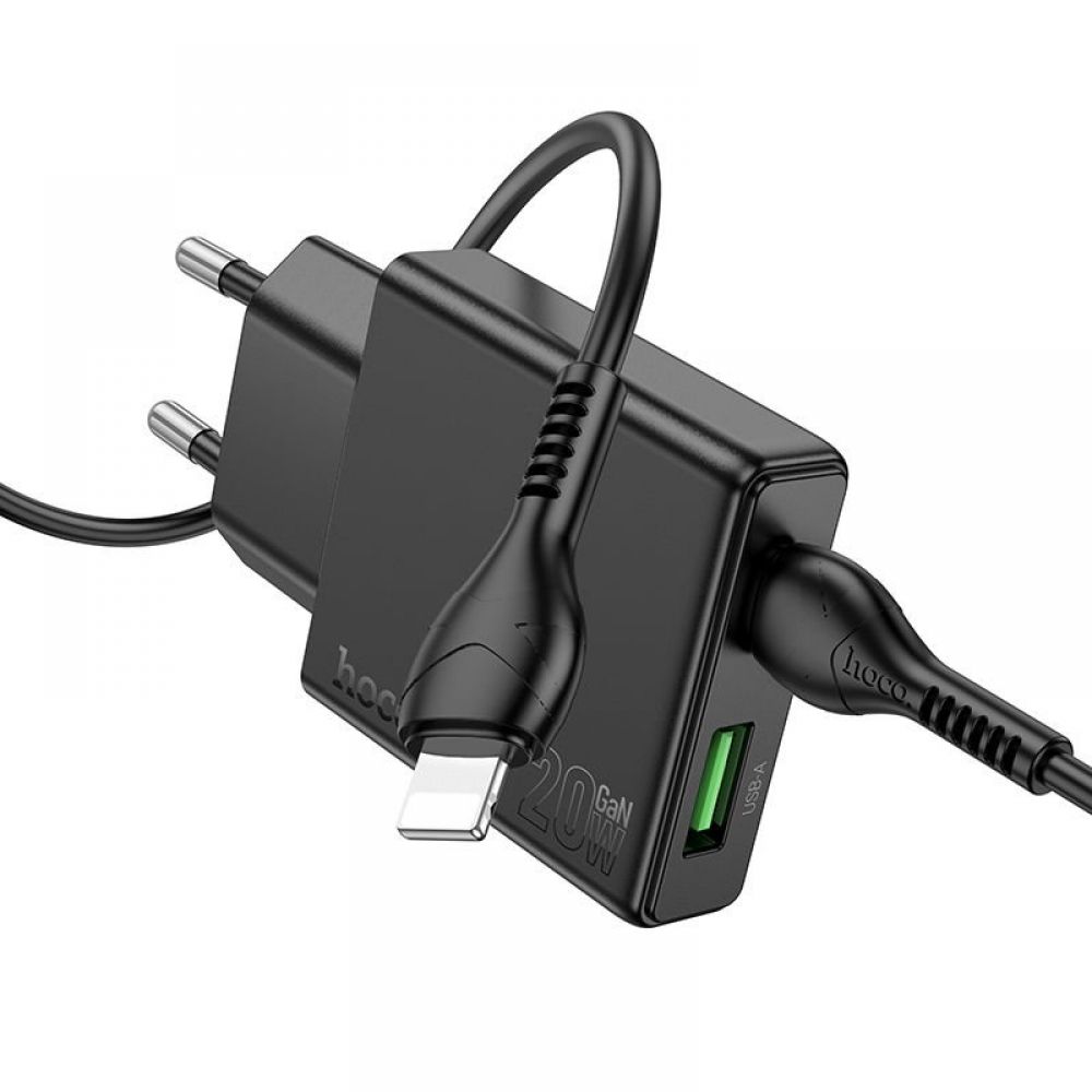 HOCO tanki zidni punjac USB A + Type C sa Type C na Lightning kablom PD QC3.0 3A 20W N38 crni