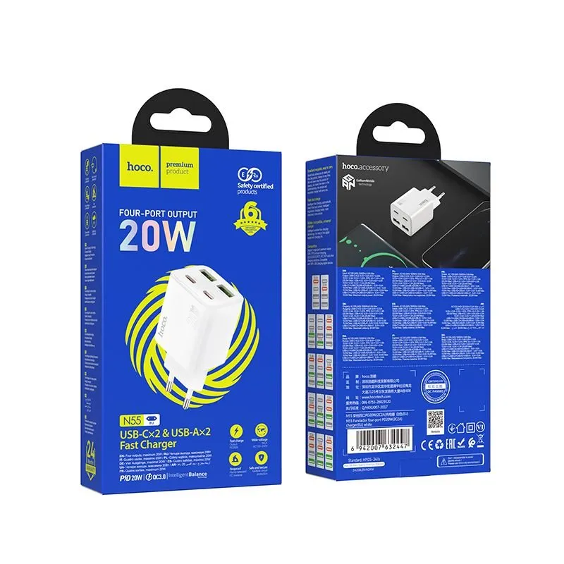 HOCO punjac 2 x Type C + 2 x USB A PD QC3.0 3A 20W N56 beli