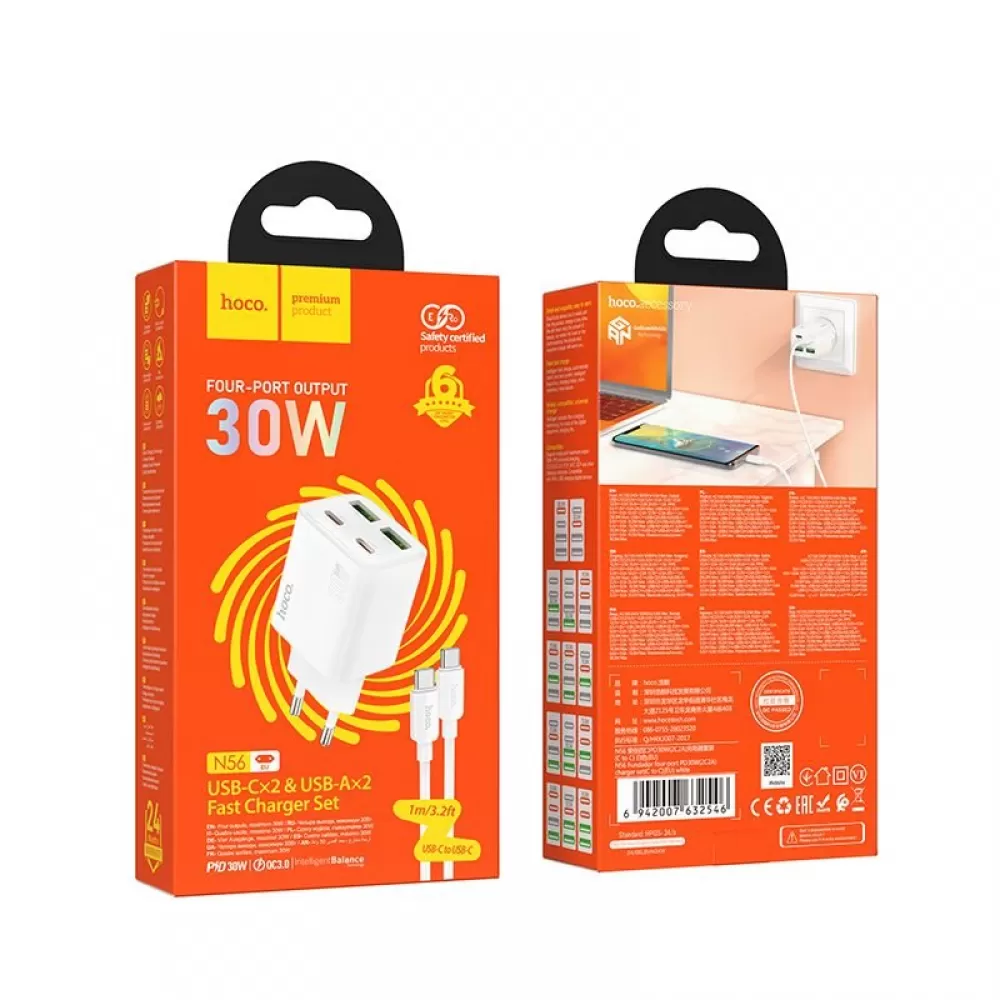 HOCO punjac 2 x Type C + 2 x USB A + kabl Type C na Type C PD QC3.0 3A 30W N56 beli