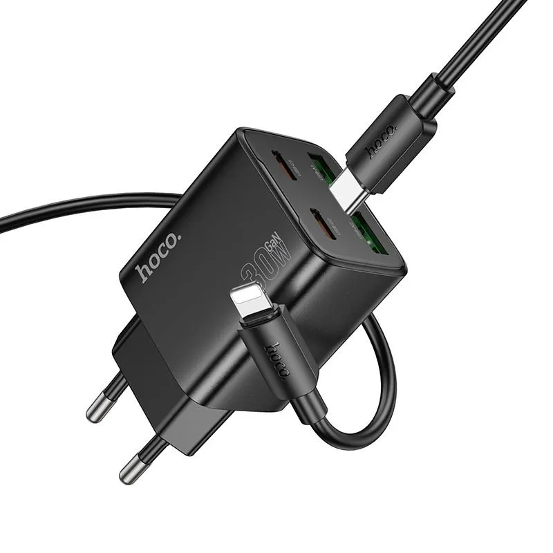 HOCO punjac 2 x Type C + 2 x USB A + kabl Type C na Lightning PD QC3.0 3A 30W N56 crni