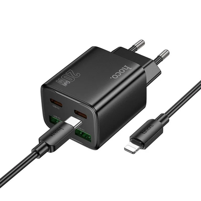 HOCO punjac 2 x Type C + 2 x USB A + kabl Type C na Lightning PD QC3.0 3A 20W N55 crni