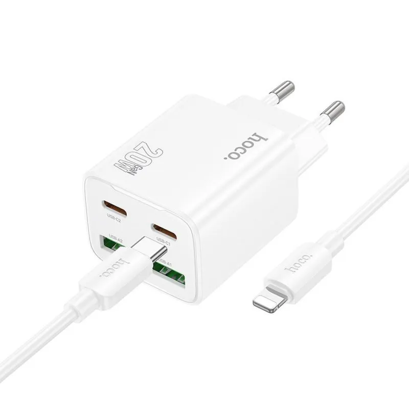HOCO punjac 2 x Type C + 2 x USB A + kabl Type C na Lightning PD QC3.0 3A 20W N55 beli