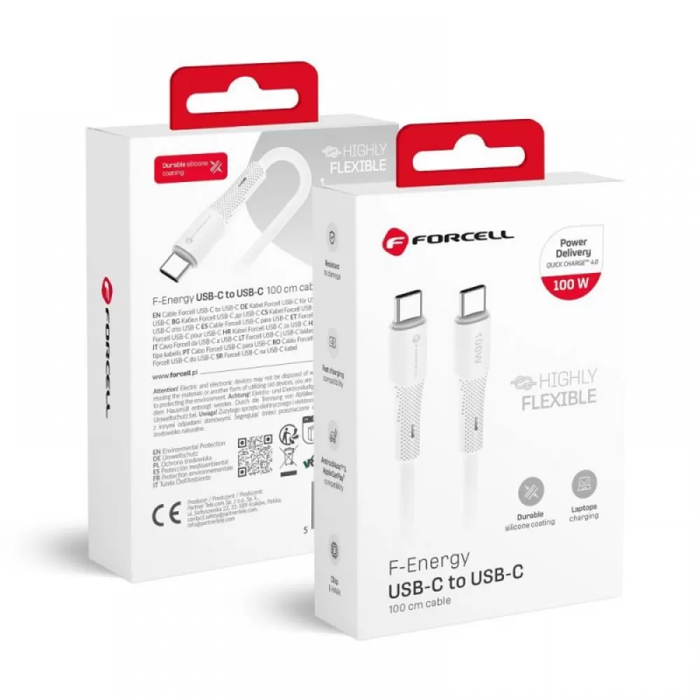 FORCELL F-ENERGY C347 kabl Type C na Type C QC4. 0 PD 5A 100W silikon 1 m beli
