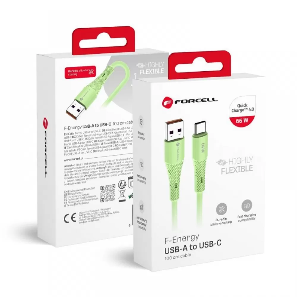 FORCELL F-ENERGY C342 kabl USB A na Type C QC4.0 3A 66W silikon 1 m zeleni