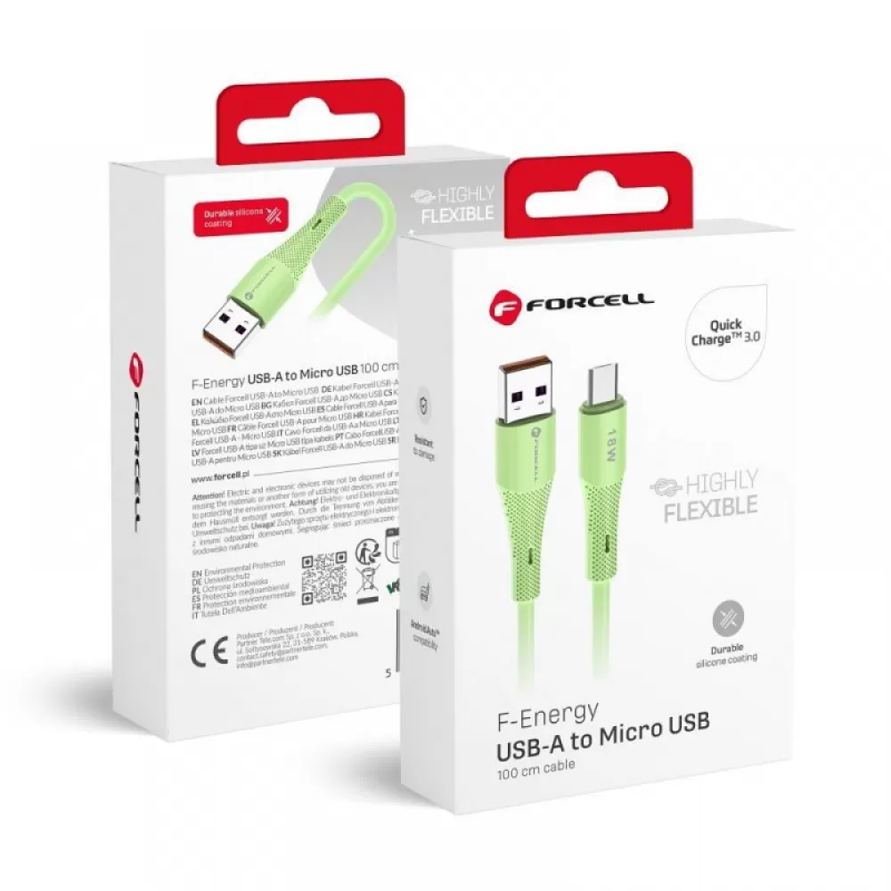 FORCELL F-ENERGY C341 kabl USB A na Micro USB QC3.0 2,4A 18W silikon 1 m zeleni