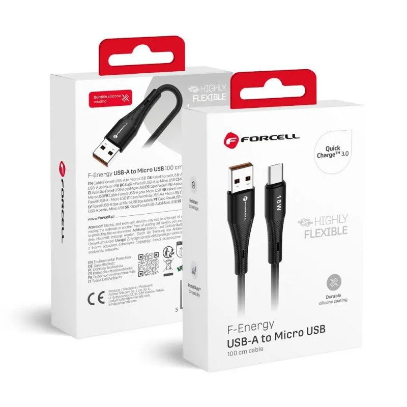 FORCELL F-ENERGY C341 kabl USB A na Micro USB QC3.0 2,4A 18W silikon 1 m crni