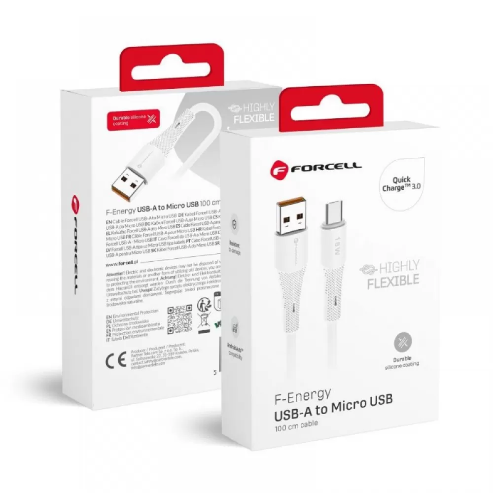FORCELL F-ENERGY C341 kabl USB A na Micro USB QC3.0 2,4A 18W silikon 1 m beli