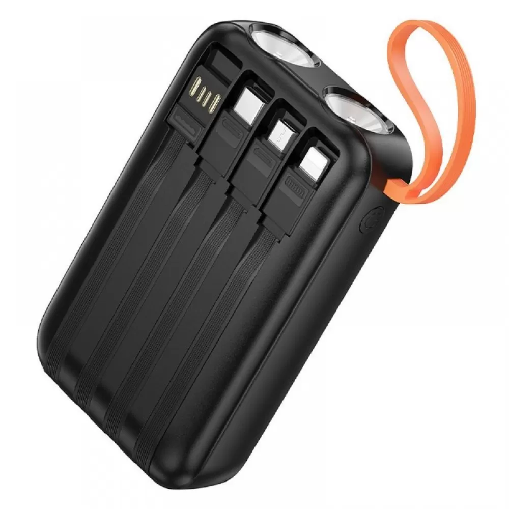 Powerbank Hoco 10000 mAh sa ugradenim kablovima USB A + USB C+ Lightning + Micro USB i dvojnim svetlom J151 crni