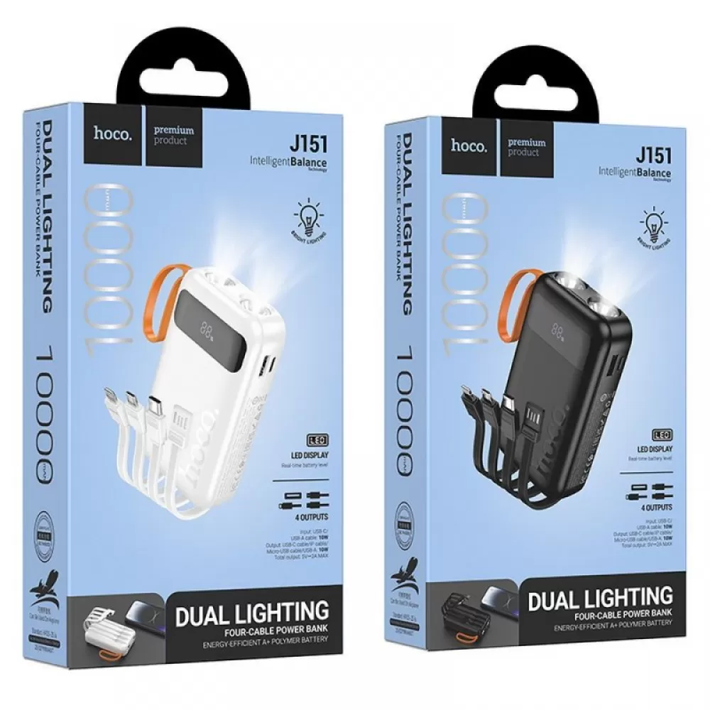 Powerbank Hoco 10000 mAh sa ugradenim kablovima USB A + USB C+ Lightning + Micro USB i dvojnim svetlom J151 crni