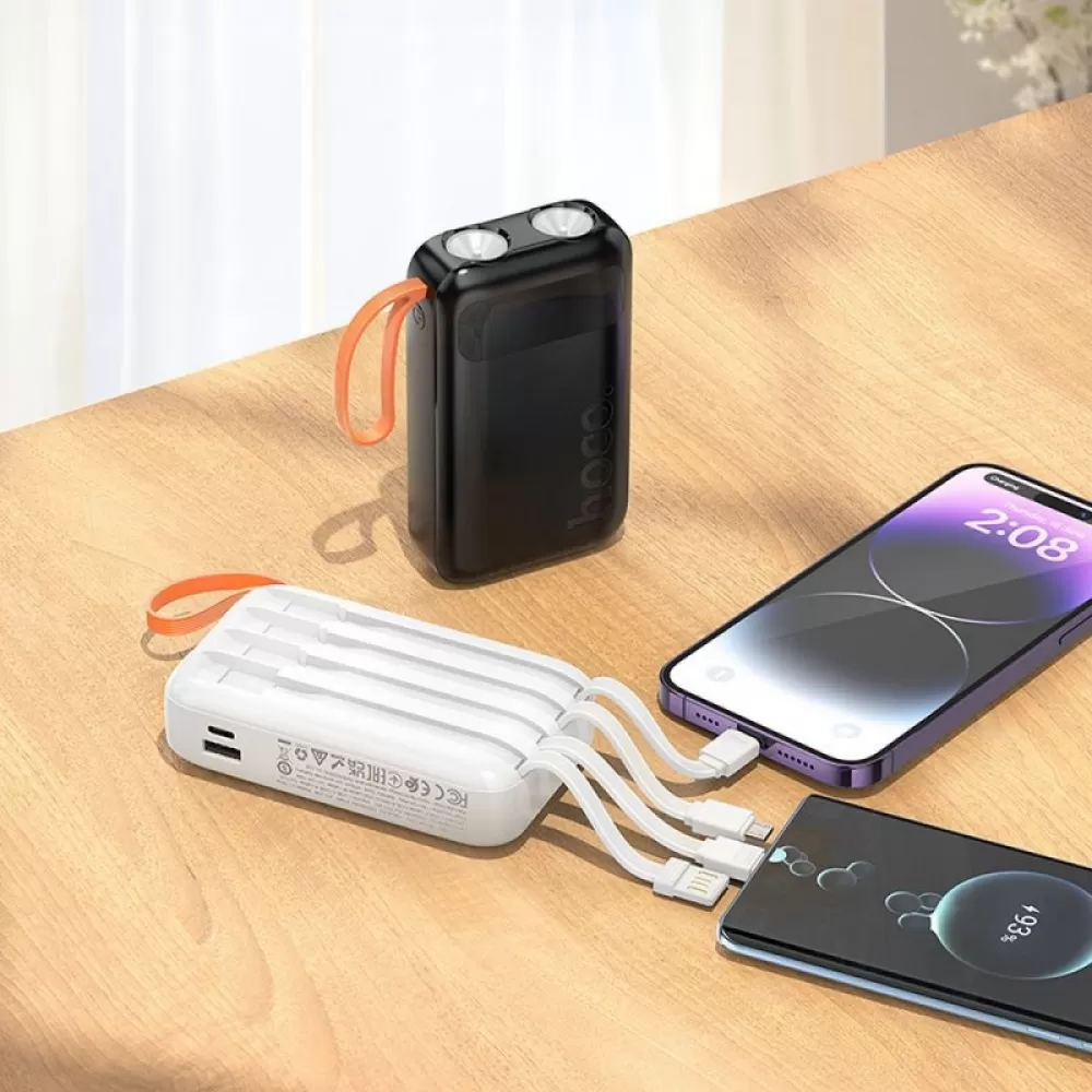 Powerbank Hoco 10000 mAh sa ugradenim kablovima USB A + USB C+ Lightning + Micro USB i dvojnim svetlom J151 beli