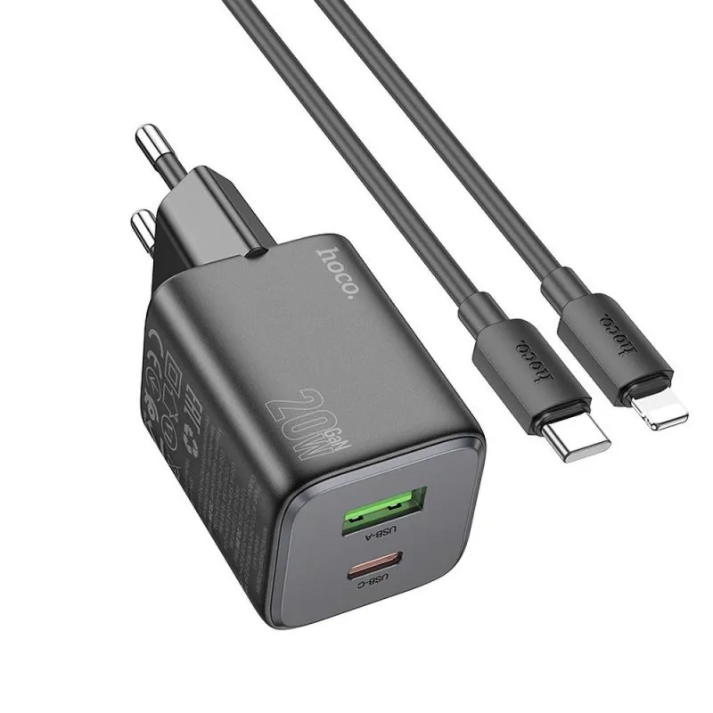 HOCO punjac USB A + Type C + kabl Type C na Lightning PD QC 3A 20W N41 crni
