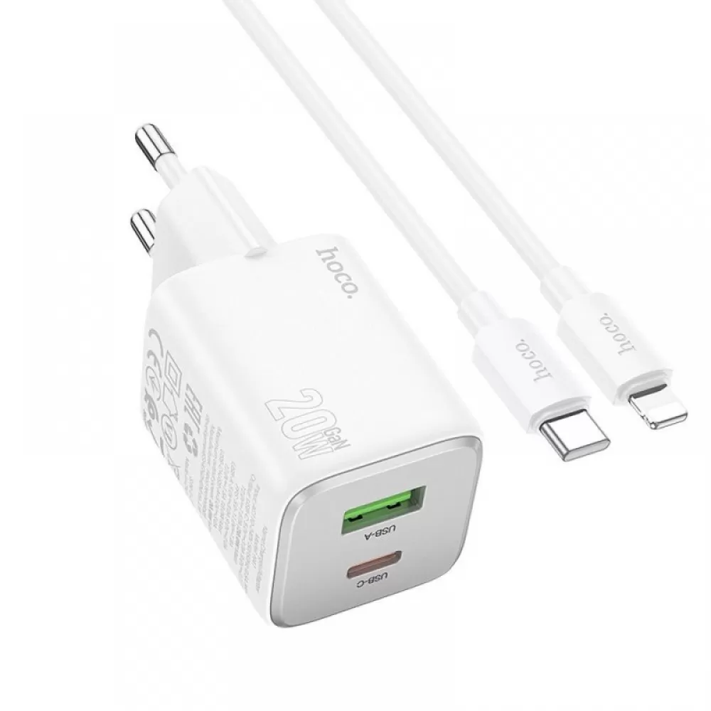 HOCO punjac USB A + Type C + kabl Type C na Lightning PD QC 3A 20W N41 beli