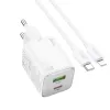 HOCO punjac USB A + Type C + kabl Type C na Lightning PD QC 3A 20W N41 beli