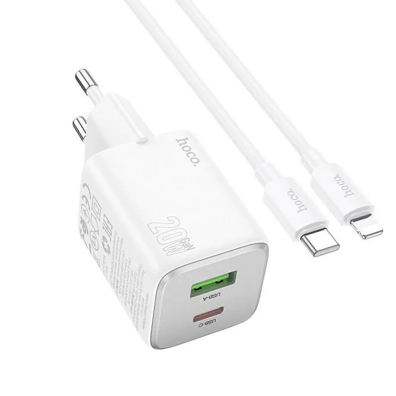 HOCO punjac USB A + Type C + kabl Type C na Lightning PD QC 3A 20W N41 beli