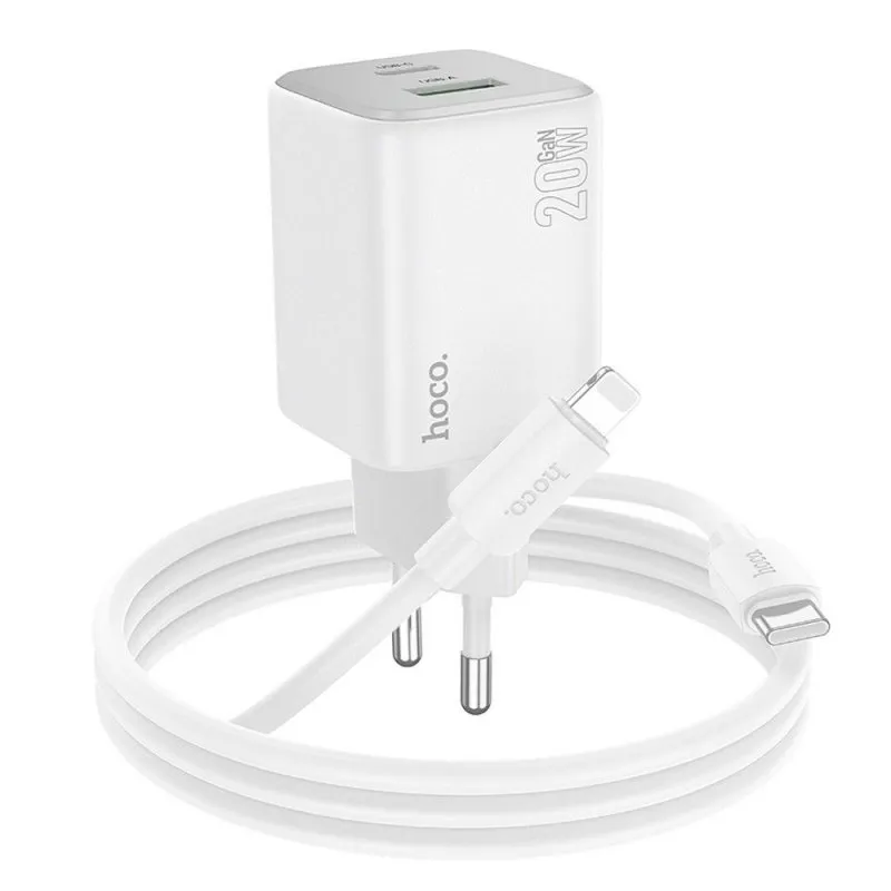 HOCO punjac USB A + Type C + kabl Type C na Lightning PD QC 3A 20W N41 beli