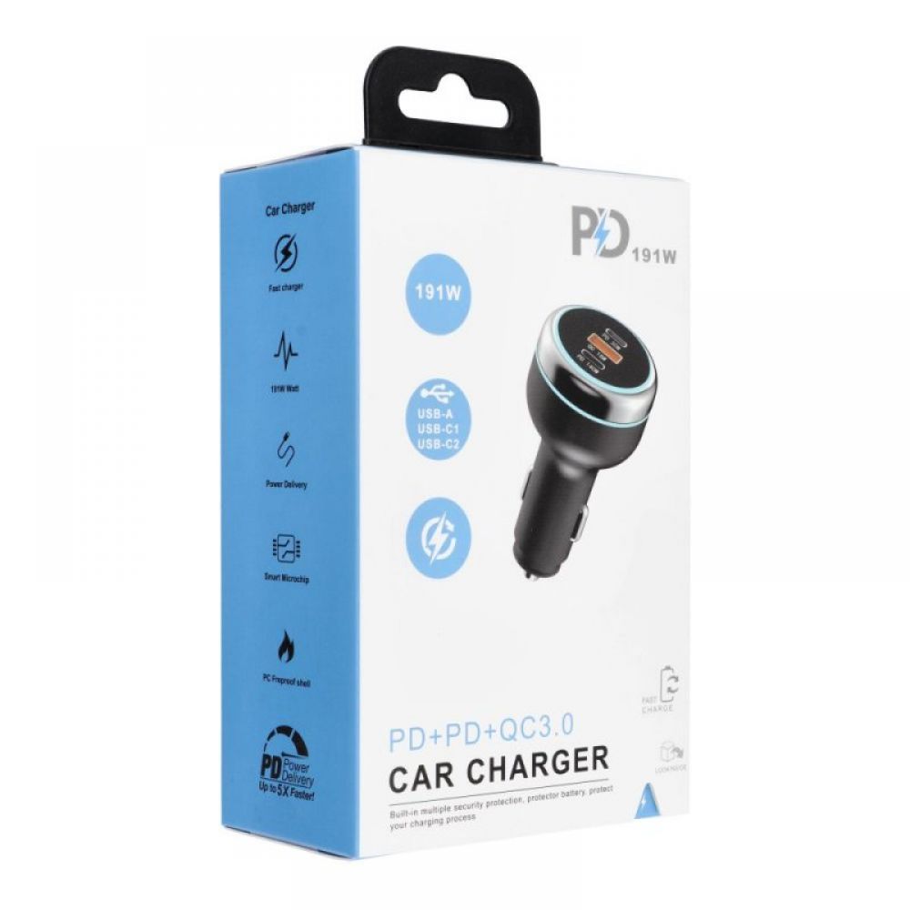 Auto punjac USB A + 2 x Type C PD QC3.0 3A 191W CC69-2C1A crni