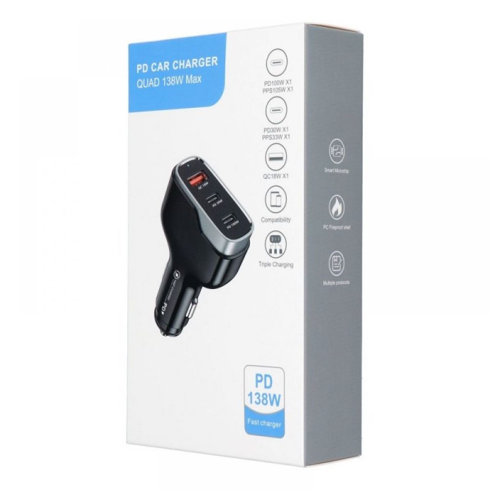 Auto punjac USB A + 2 x Type C PD QC3.0 3A 138W CC53-2C1A crni