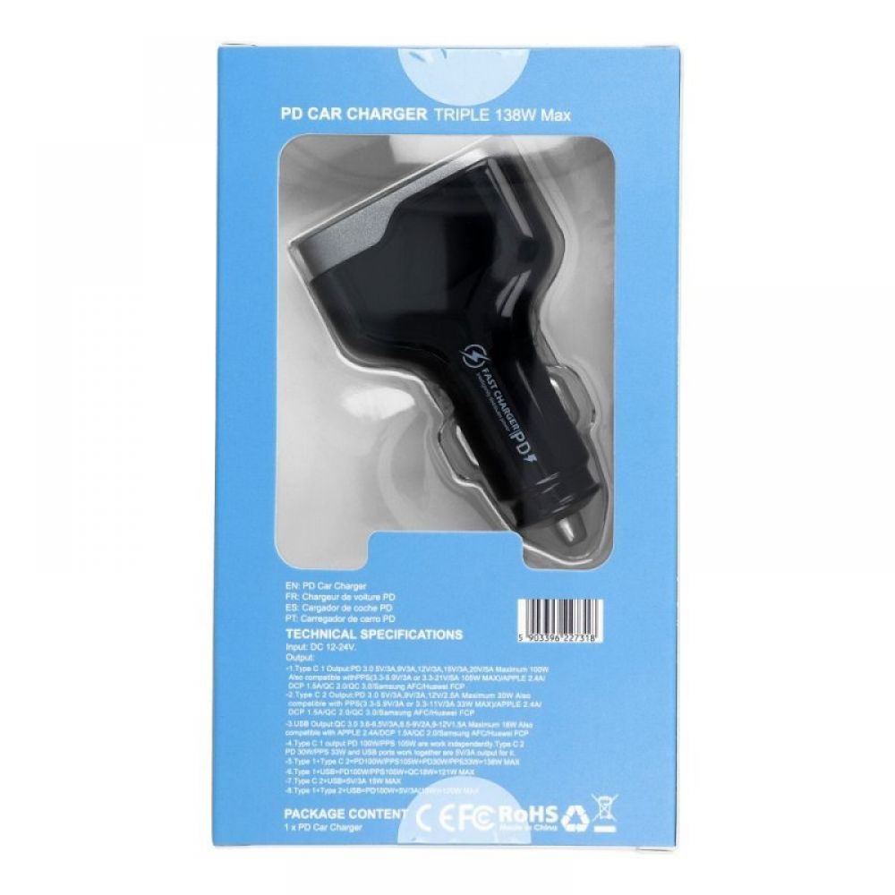 Auto punjac USB A + 2 x Type C PD QC3.0 3A 138W CC53-2C1A crni