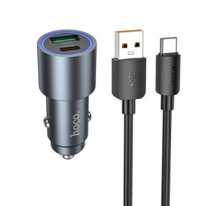 Auto punjac Hoco USB A + USB C QC3.0 PD 48W + kabl USB C na USB C Z60 crni