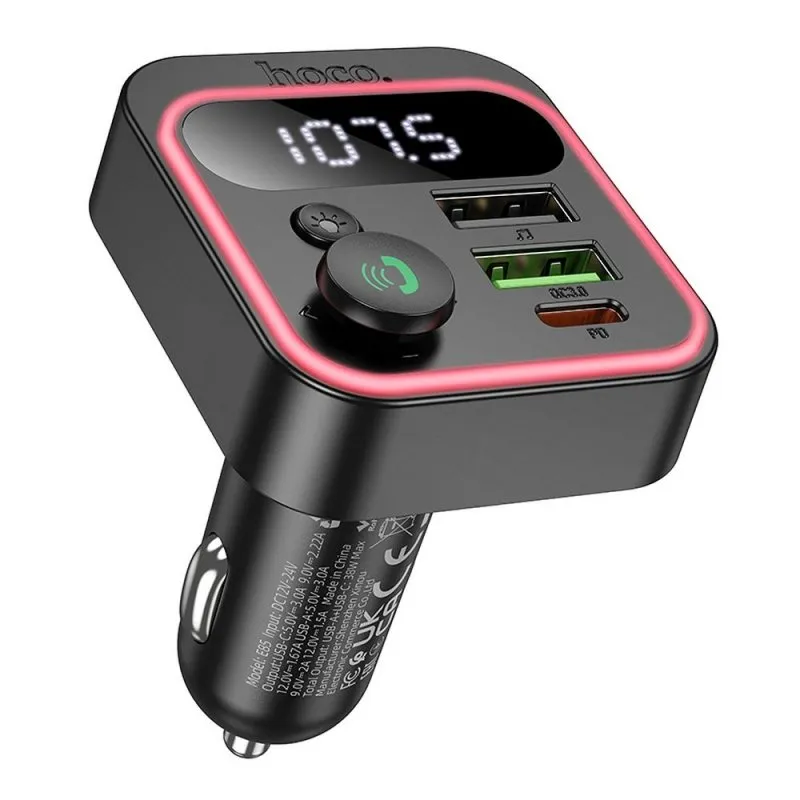 HOCO FM Transmiter bluetooth za auto 2 x USB A + Type C PD QC3.0 20W E85 crni