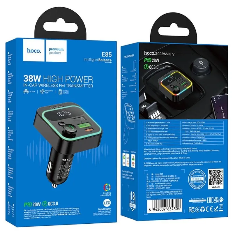 HOCO FM Transmiter bluetooth za auto 2 x USB A + Type C PD QC3.0 20W E85 crni