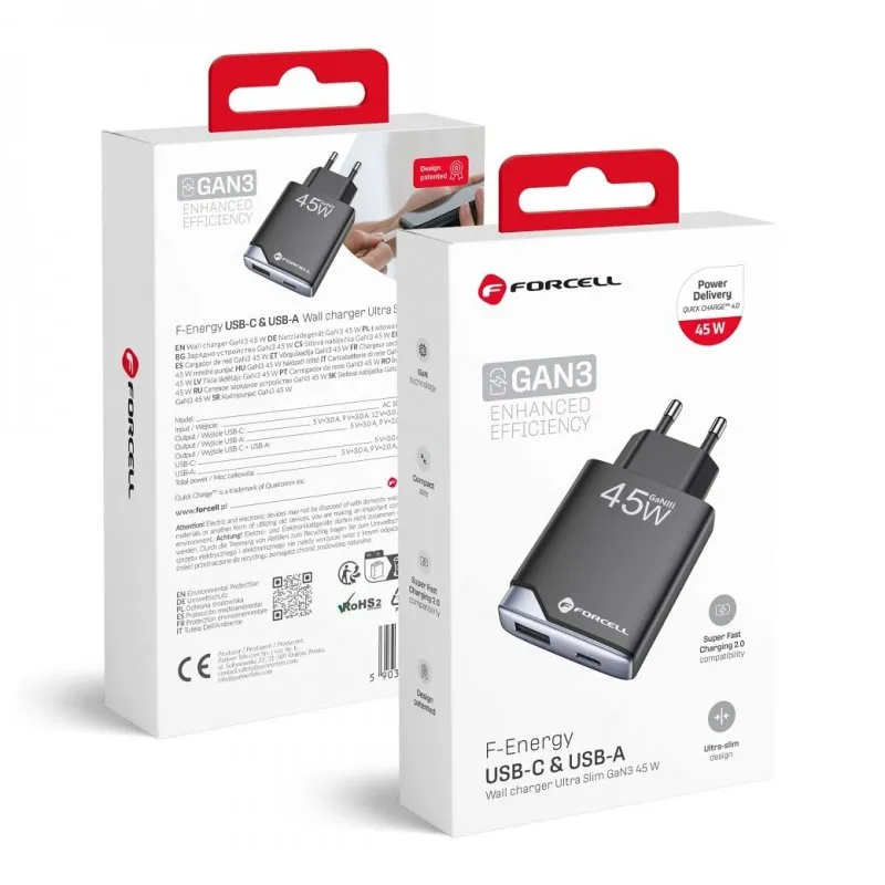 Kucni punjac Forcell F-Energy Ultra Slim GaN III USB C + USB A PD QC4.0 3A 45W B245202(1A1C) crni