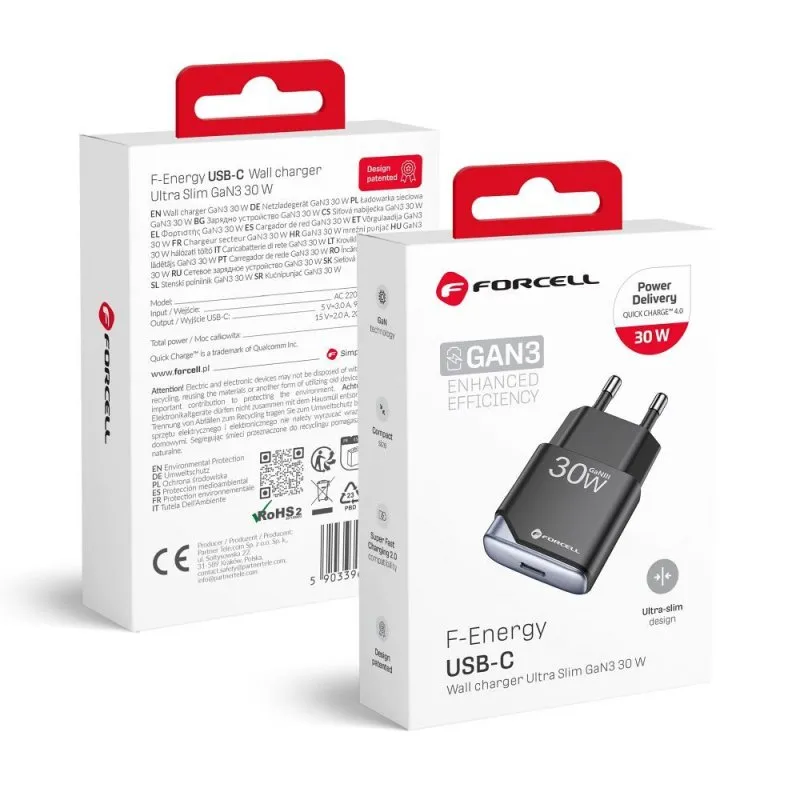 Kucni punjac Forcell F-Energy Ultra Slim GaN III USB C PD QC4.0 3A 30W B130101-E crni