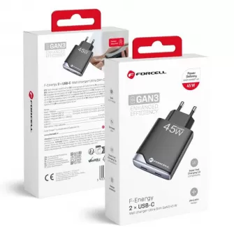 Kucni punjac Forcell F-Energy Ultra Slim GaN III 2 x USB C PD QC4.0 3A 45W B245201(2C) crni