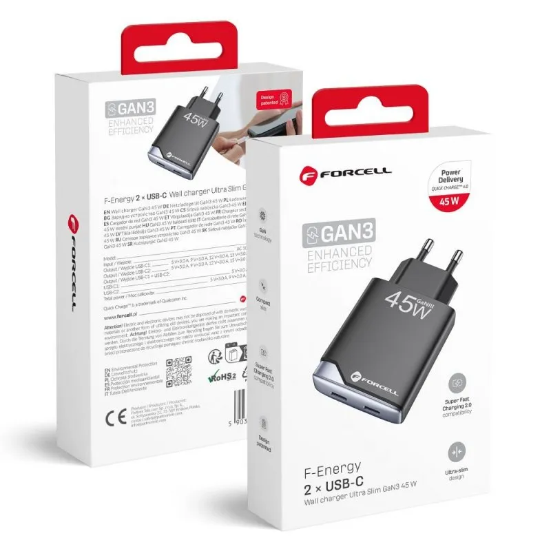 Kucni punjac Forcell F-Energy Ultra Slim GaN III 2 x USB C PD QC4.0 3A 45W B245201(2C) crni