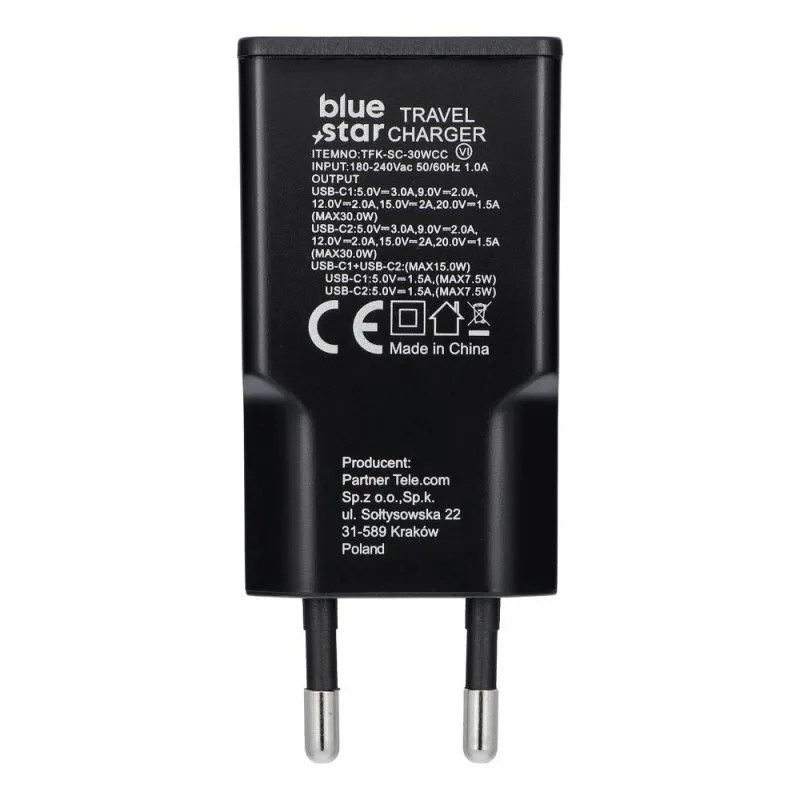 Punjac za telefon Blue Star Slim GaN 2x Type C QC4.0 PD 3A 30W TFK-SC-30WCC crni