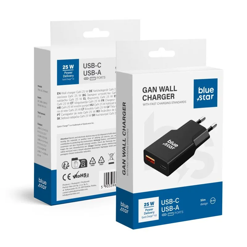 Punjac za telefon Blue Star Slim GaN 1x Type C + 1x USB A QC4.0 PD 3A 25W TFK-SC-25WAC crni