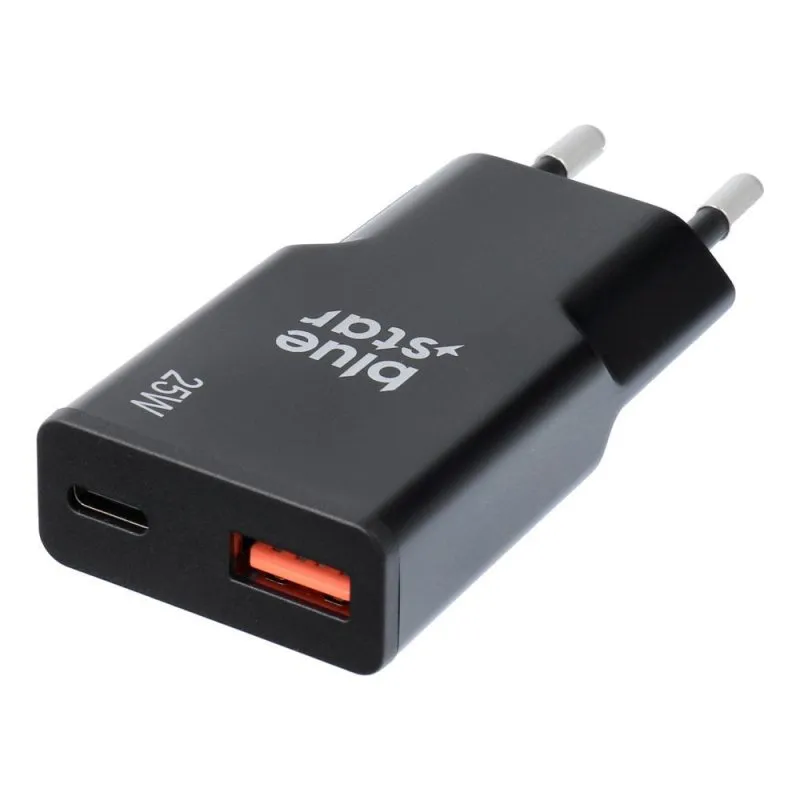 Punjac za telefon Blue Star Slim GaN 1x Type C + 1x USB A QC4.0 PD 3A 25W TFK-SC-25WAC crni