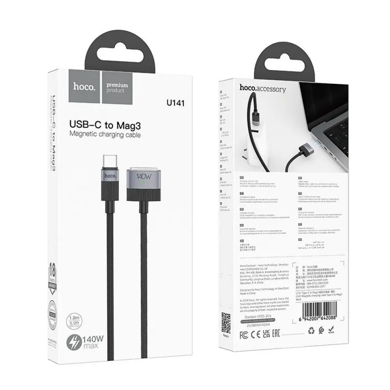 USB C na Mag3 kabl Hoco 5A 140W magnetni 1.8 m U141 crni