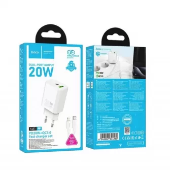 HOCO kucni punjac USB A + Type C + kabl Type C na Lightning PD QC3.0 3A 20W N61 beli