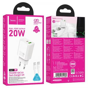 HOCO zidni punjac USB A + Type C + kabl Type C na Type C PD QC3.0 3A 20W N61 beli