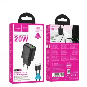 HOCO zidni punjac USB A + Type C + kabl Type C na Type C PD QC3.0 3A 20W N61 crni