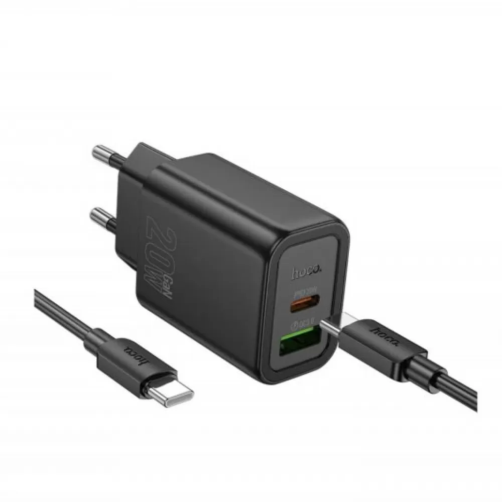 HOCO kucni punjac USB A + Type C + kabl Type C na Type C PD QC3.0 3A 20W N61 crni