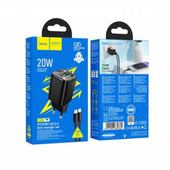 HOCO kucni punjac USB A + USB C + kabl Type C na Lightning PD QC3.0 3A 20W N52 crni