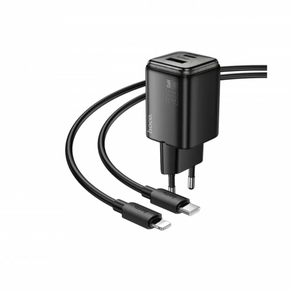 HOCO kucni punjac USB A + USB C + kabl Type C na Lightning PD QC3.0 3A 20W N52 crni