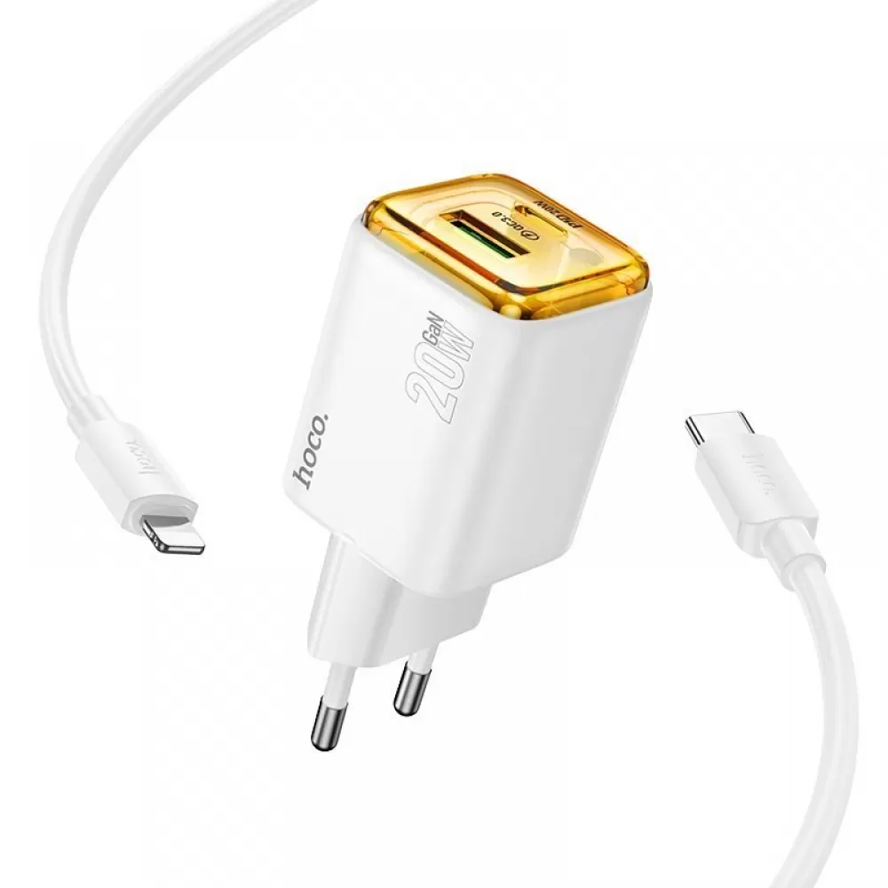HOCO kucni punjac USB A + usb C + kabl Type C na Lightning PD QC3.0 3A 20W N52 beli