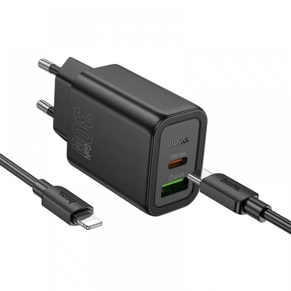 HOCO kucni punjac USB A + USB C + kabl Type C na Lightning PD QC3.0 3A 30W N63 crni