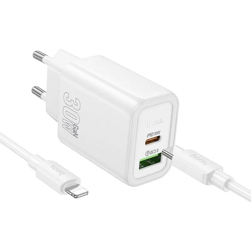 HOCO kucni punjac USB A + USB C + kabl Type C na Lightning PD QC3.0 3A 30W N63 beli