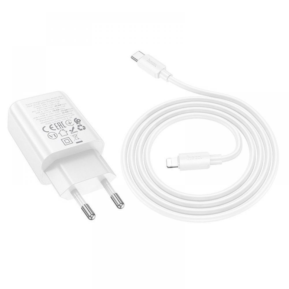 HOCO kucni punjac USB A + USB C + kabl Type C na Lightning PD QC3.0 3A 30W N63 beli