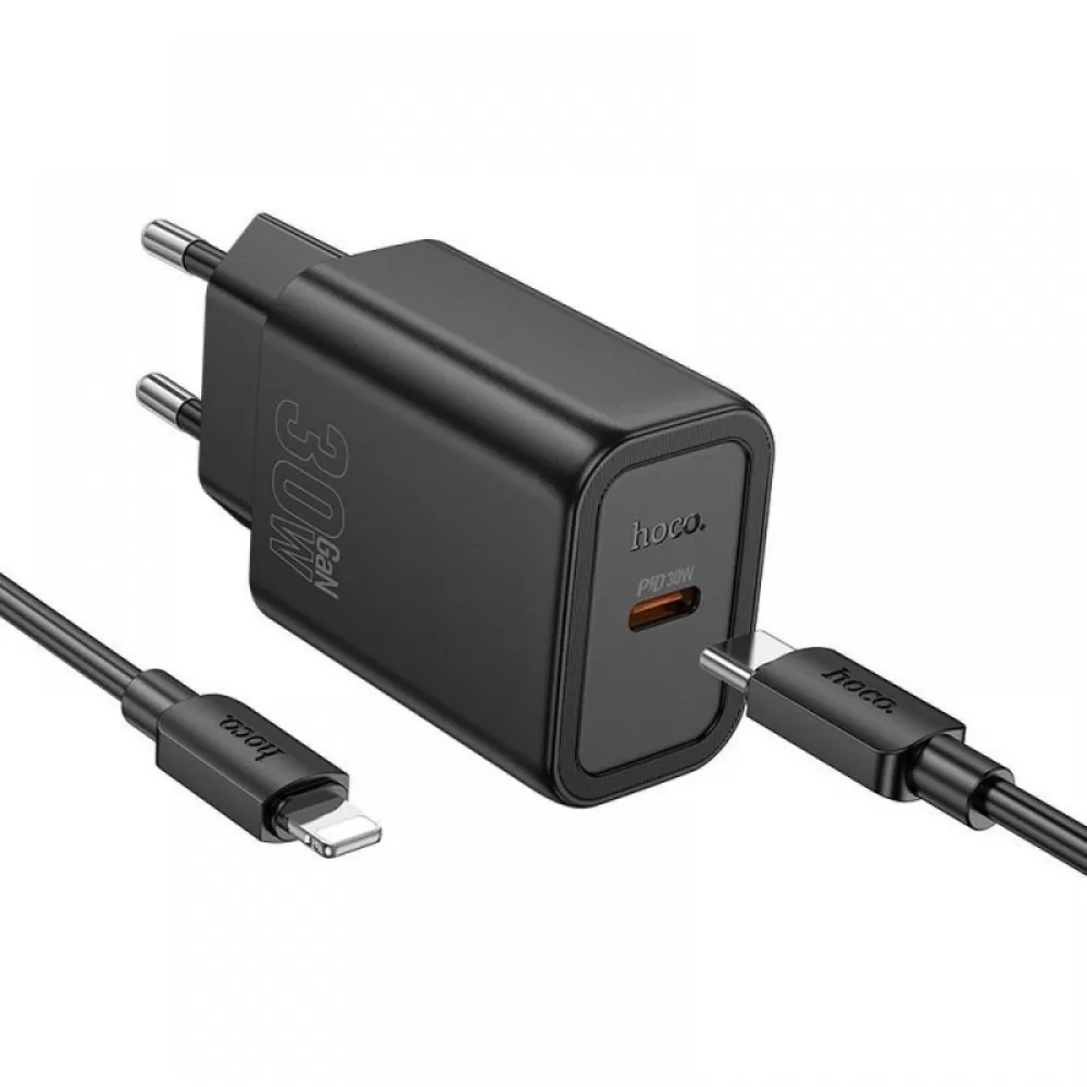 HOCO kucni punjac USB C + kabl Type C na Lightning PD QC 30W N62 crni