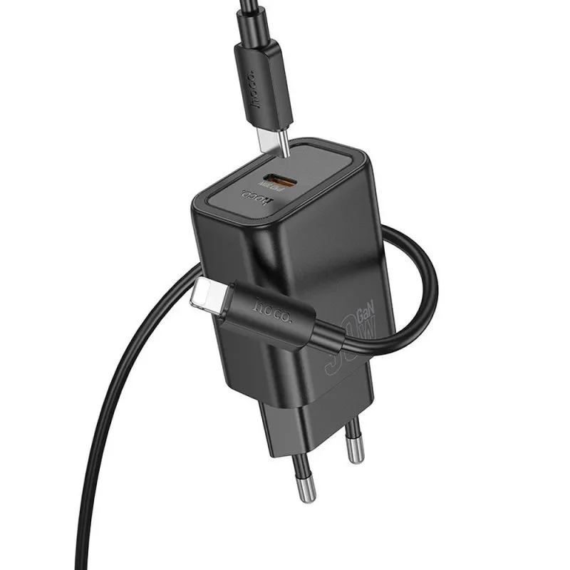 HOCO kucni punjac USB C + kabl Type C na Lightning PD QC 30W N62 crni