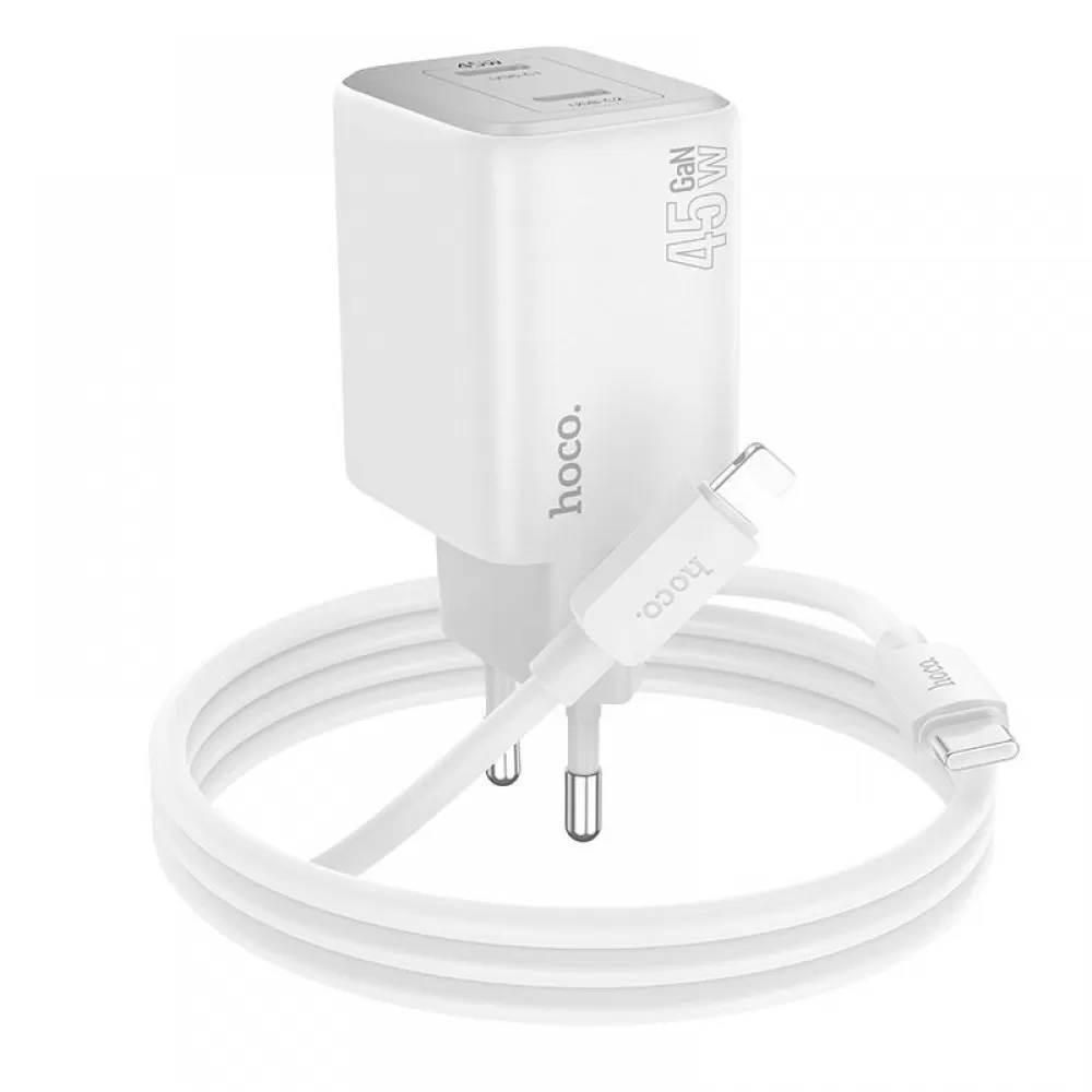 Hoco kucni punjac adapter N42 2 x Type C + kabl Type C na Lightning PD QC 45W GaN beli
