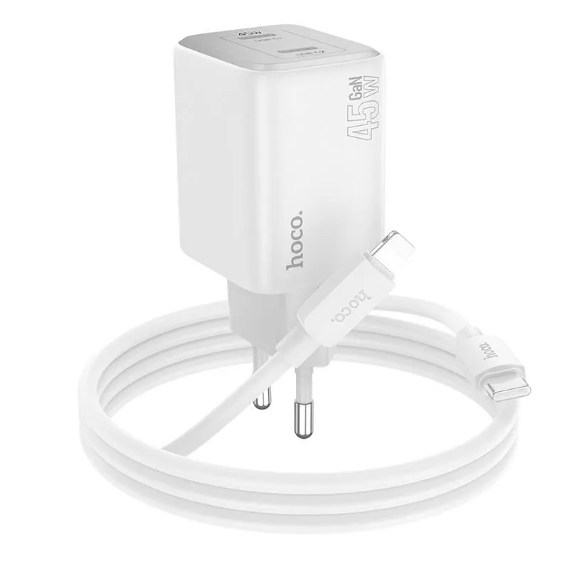 Hoco kucni punjac adapter N42 2 x Type C + kabl Type C na Lightning PD QC 45W GaN beli