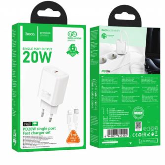 HOCO kucni punjac USB C + kabl Type C na Lightning PD QC 20W N60 beli