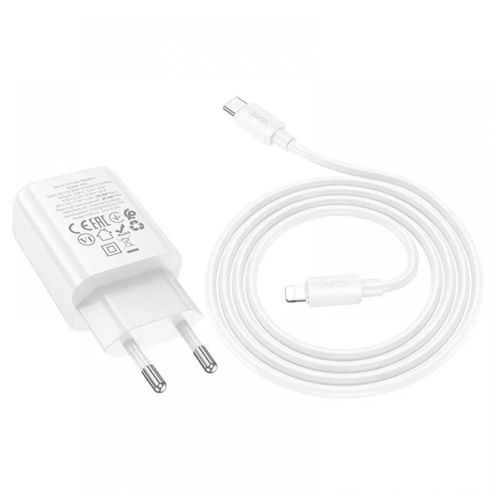 HOCO kucni punjac USB C + kabl Type C na Lightning PD QC 20W N60 beli