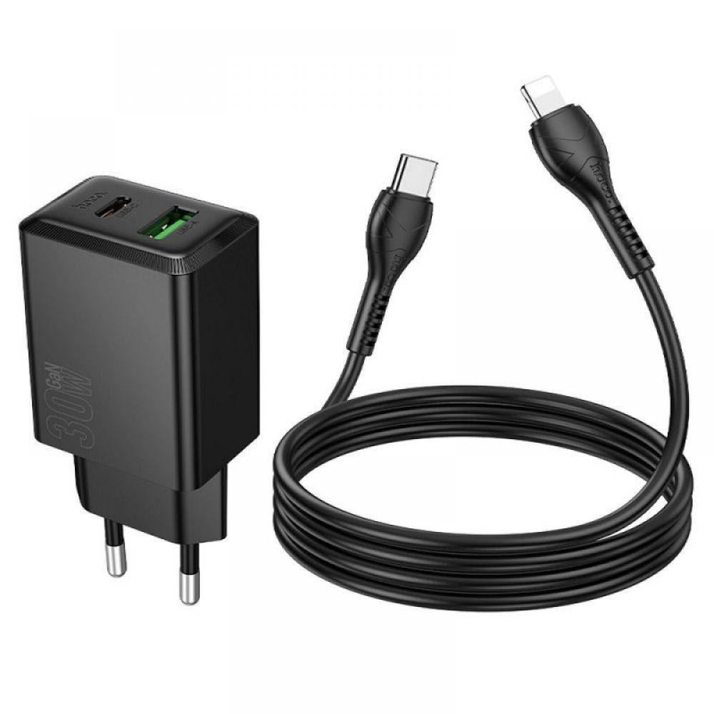Kucni punjac Hoco USB A + USB C QC3.0 PD AFC 3A 30W + USB C na USB C kabl N71 crni